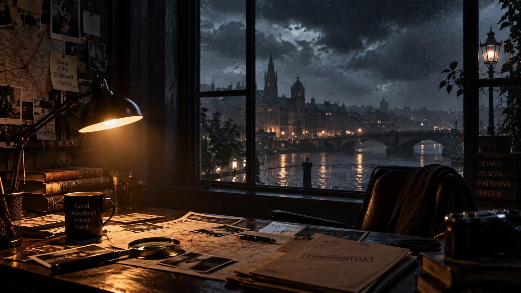 A dim, rain-lit detective's office at night: a desk lamp lit over case photos and a city map, a mug reading Good Detectives Notice More, a magnifying glass, a stack of books, a folder stamped confidential, and a rainy city skyline with a lit clock tower and bridge visible through the window